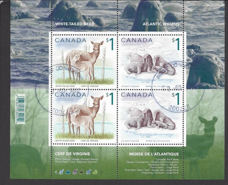 Canada #1689b used souvenir sheet, White-tailed deer & Atlantic walrus
