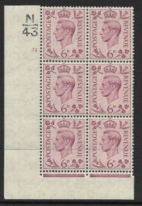 1938 6d Purple Dark colours N43 32 No Dot perf 2(I/E) block 6 UNMOUNTED MINT/MNH