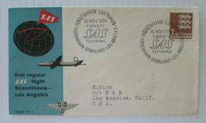 1954 Denmark First Flight SAS Scandinavia Los Angeles #297 Cacheted Envelope VF
