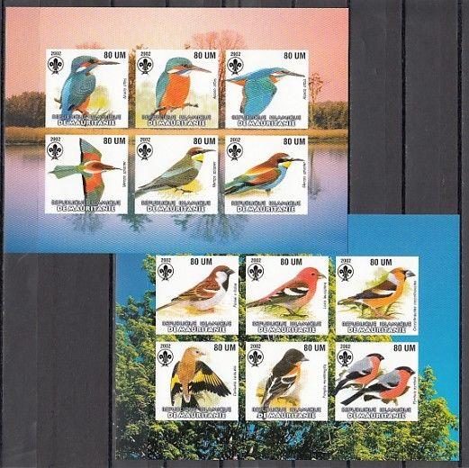 Mauritania, 2002 Cinderella issue. Small Birds, 2 IMPERF sheets. Scout logo.