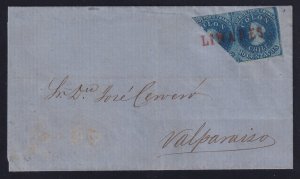 Chile 1858 10c Colon Bisect Pair Foldd Cover LINARES Straight-Line to Valparaiso