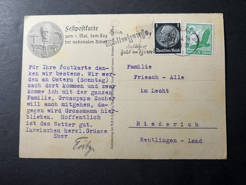 1936 Nazi Germany Postcard Cover Stuttgart to Riederich Reutlingen