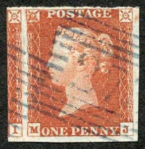 1841 Penny Red (MJ) Plate 64 BLUE Cancel Fine Four Margin Cat 250 pounds