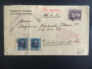 1939 las Palmas Spain Cover to Richmond VA USA Tobacco Industry Censored