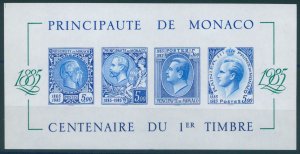 MONACO, SOUVENIR SHEET CENTENARY OF STAMPS 1985,  IMPERFORATED, NEVER HINGED
