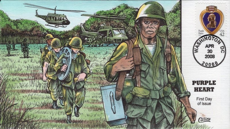 Fred Collins Hand Painted FDC for the 2008 42-cent Purple Heart Stamp