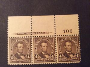 U.S.#269 Lincoln 4c Type 1 Strip of 3 w/Type IV Imprint. 191 MH. Note in Descrip
