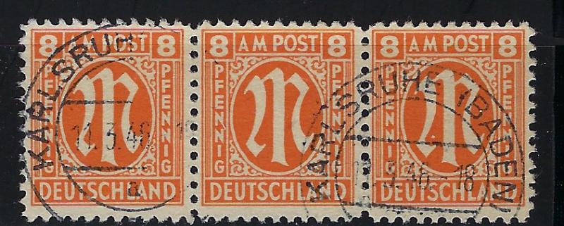 Germany AM Post Scott # 3N6a, used, strip of 3