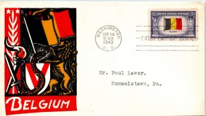 US FIRST DAY COVER OCCUPED NATIONS OF WW II BELGIUM THERMOGRAPHIC CACHET 1943