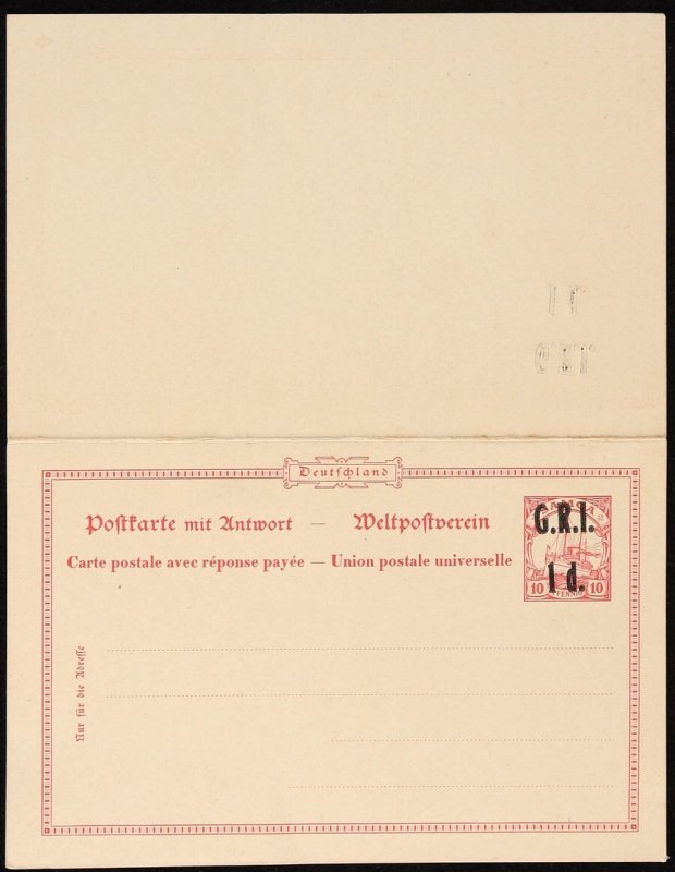 SAMOA 1914 GRI 1d on Yacht 10pf+10pf double reply Post card. Mi P4 cat €250. 