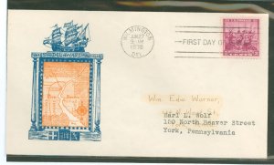 US 836 1938 3c Delaware/Colonization Tercentenary (single) on an addressed first day cover with an unknown cachet.