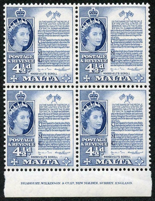 Malta SG273 4 1/2d Deep Blue U/M imprint Block