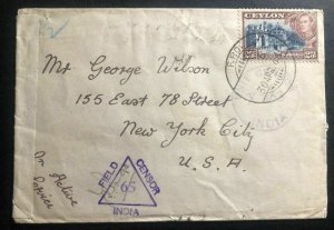 1943 Hambamtota Ceylon OAS FPO 120 Censored Cover To New York USA