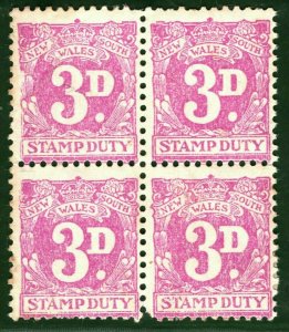 Australia States NSW REVENUE Stamps 3d Stamp Duty BLOCK OF FOUR Mint MM WHITE134