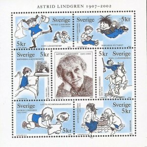 Sweden - 2002 Writer Astrid Lindgren - Booklet Pane of 7 Stamps #2431
