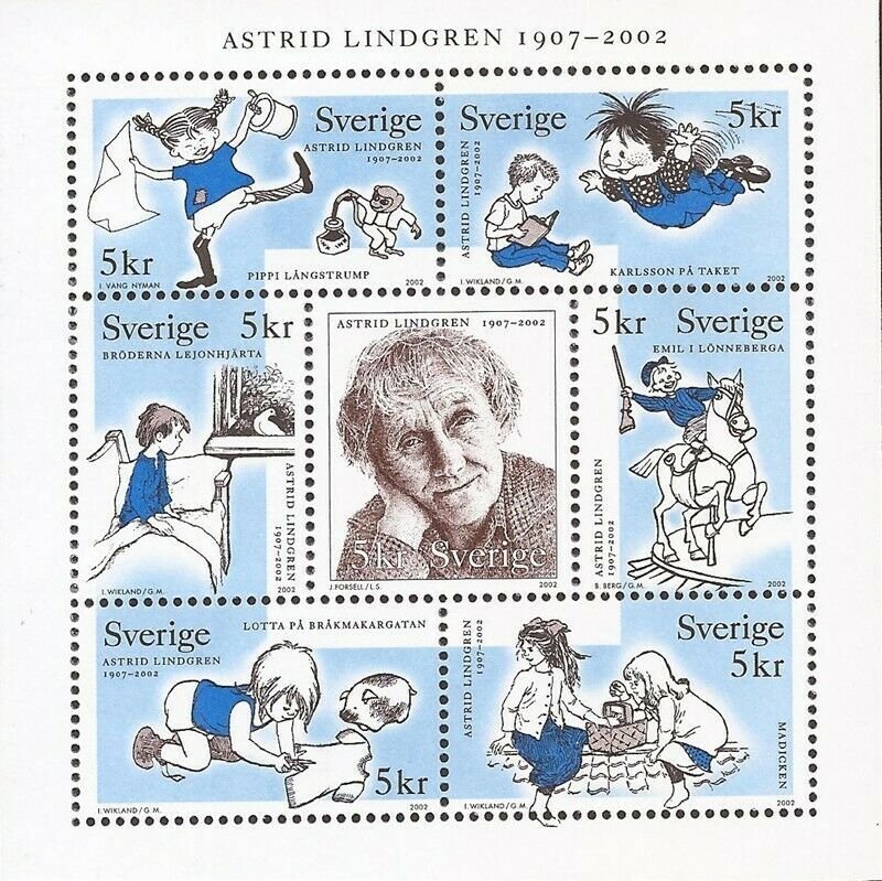 Sweden - 2002 Writer Astrid Lindgren - Booklet Pane of 7 Stamps #2431