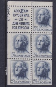 BOBPLATES #1213a Washington Booklet Pane Upper Left 27546 65% MintNH DCV=$120
