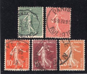 France 1903-38 10c to 50c Sower Types, Scott 139, 146, 162, 165, 169 used