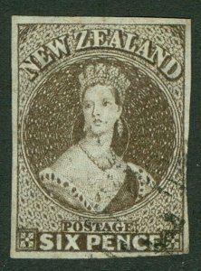 SG 85 New Zealand 1862-63. 6d black-brown on pelure paper. Very fine used...
