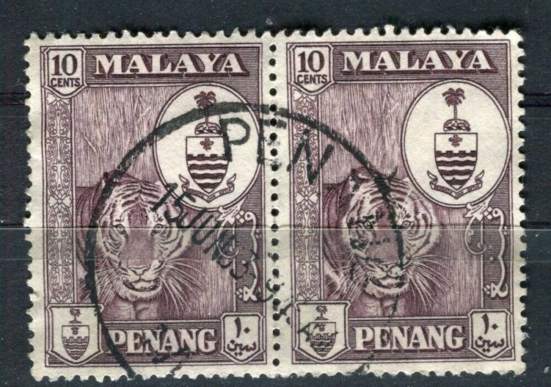 MALAYA PENANG; 1950s early Arms issue fine used 10c. Pair fair Postmark