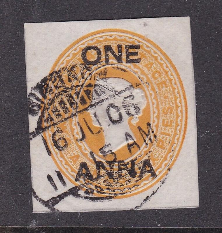 India 1 anna overprint on 2anna 6 pies Victoria Postal Stationary Cutout VGC