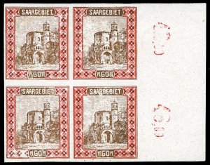 Saar #75P, 1921 60pf imperf. proof in red brown and dark brown, right margin ...