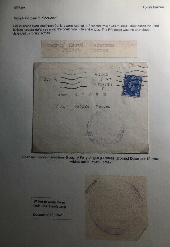 1941 Polish Forces Field post In Dundee Scotland Cover To Army Corps