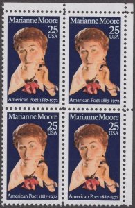 1990 Marianne Moore, Poet, Block Of 4 25c Postage Stamps, Sc #2449, MNH, OG