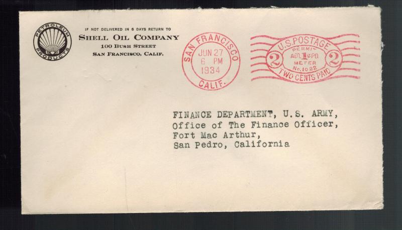 1934 San Francisco CA USA Cover Shell Oil Company Meter Advertising to US Army