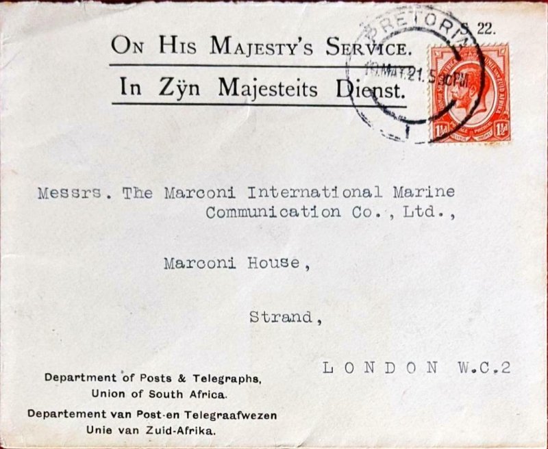 1921 South Africa OFFICIAL Dept Posts & Telegraphs Cover Pretoria > MARCONI Co.