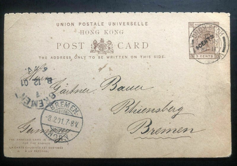 1901 Victoria Hong Kong Vintage Stationery POSTCARD cover To Bremen Germany