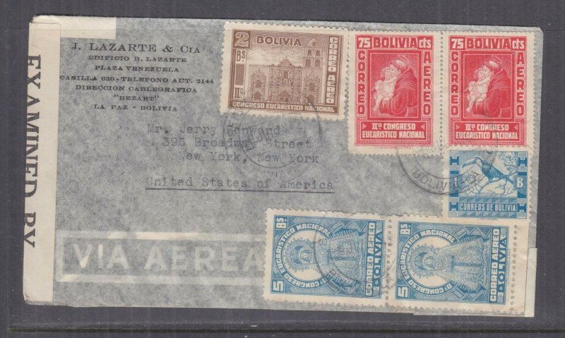 BOLIVIA, 1942 Airmail Censored cover, La Paz to USA, 75c.(2), 1b., 2b., 5b.(2)