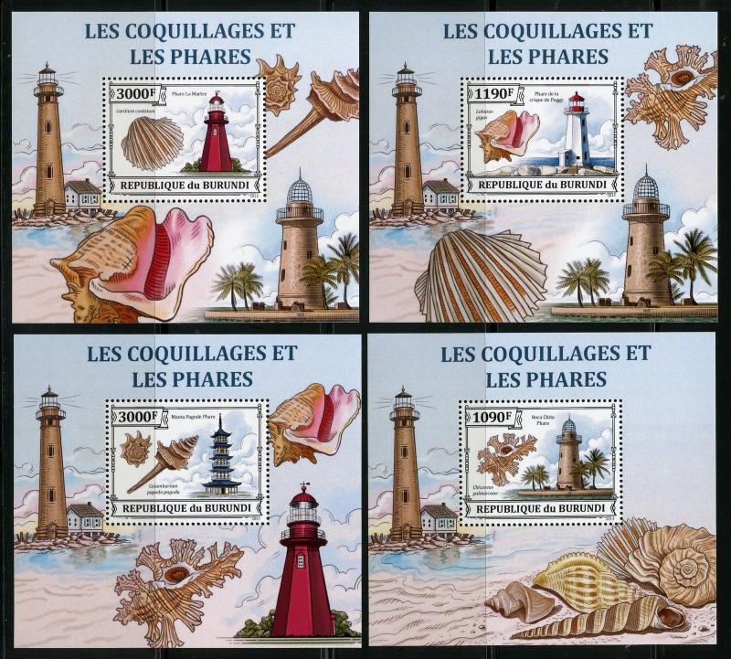 BURUNDI 2012 FIRST TIME OFFERED SHELLS  LIGHTHOUSES  SET OF 4 DELUXE S/S MINT NH