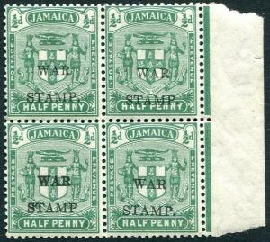 JAMAICA-1917 ½d Blue-Green War Stamp Unmounted Block of 4 one with no stop 