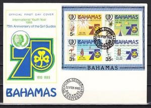 Bahamas, Scott cat. 575a. Girl Scouts Anniversary s/sheet. First day cover. ^