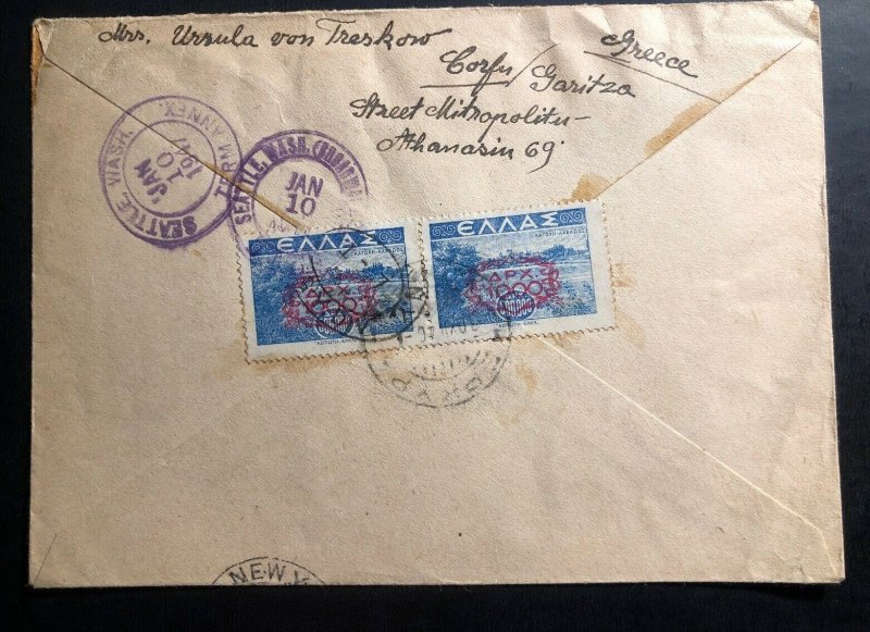 1947 Corfu Greece Registered Airmail Cover To Seattle Wa USA