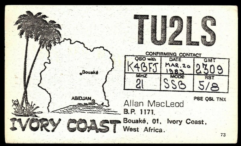 QSL QSO RADIO CARD Palm Trees,Ivory Coast,Allan MacLeod, West Africa (Q2977)