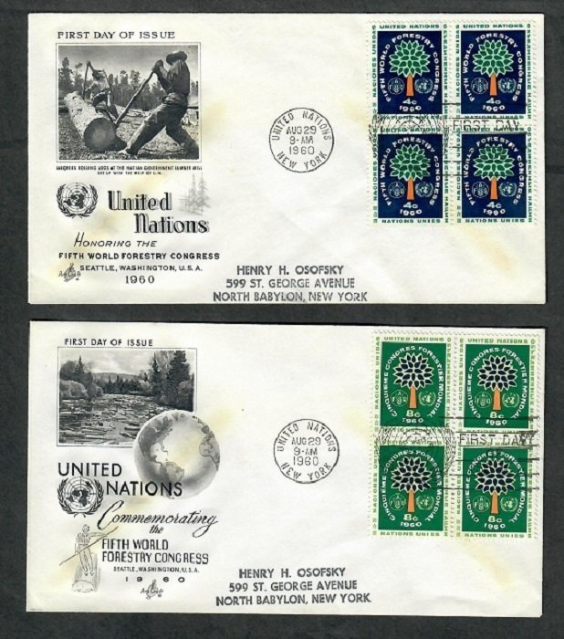 UN New York #81 - 82 Forestry Congress addressed ArtCraft block of 4 FDCs