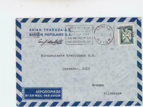 Greece 1954 banque populaire s.a  airmail stamps cover to  new york  r19727