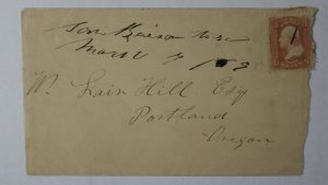 1869 San Buenaventura Manuscript Town Cancel Hill Portland Oregon 3c Grill Cover