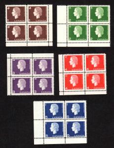 CANADA 5 MINT NEVER HINGED BLOCKS OF 4 STAMPS QEII CAMEO ISSUE SET 1962-1963