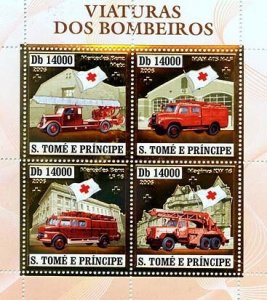 SAO TOME - 2006 - Vintage Fire Engines - Perf 4v Gold Sheet - Mint Never Hinged