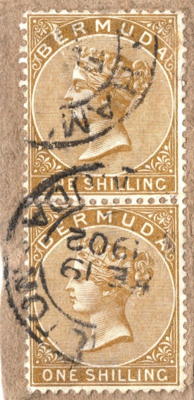 BERMUDA QV Classic SG29b 1s Olive-Brown (1893) PAIR Used 1902 CDS Piece SBLUE131 