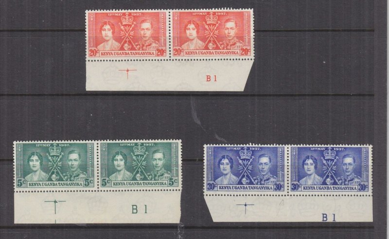 KENYA, UGANDA & TANGANYIKA, 1937 Coronation, set of 3, Pl. # B1, marginal pairs.