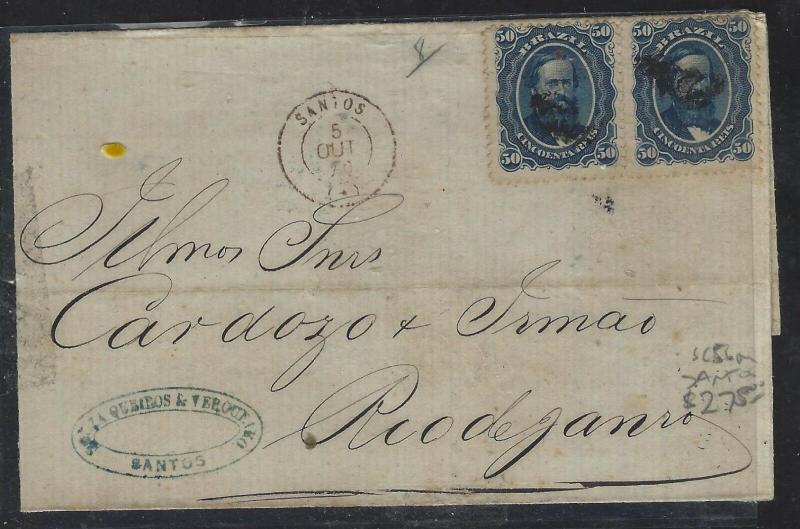 BRAZIL  (PP2701B) 1870  DOM PEDRO 50R PR ON COVER SANTOS TO RIO