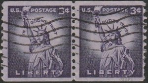 USA #1057 1954 3c Deep Violet Statue of Liberty Line Pr. USED-Fine.