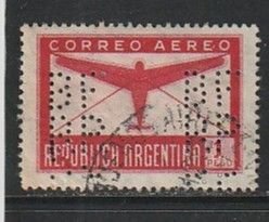 1940 Argentina - Sc C40 - used VF - 1 single - Plane in Flight (perfin)