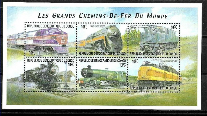 #20196 CONGO R.D. 2001 TRAINS OF THE WORLD MINISHEET YV 1522FV-GA MNH