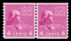 Scott 843 1939 4c Madison Presidential Coil Issue Mint Pair VF NH Cat $16.50