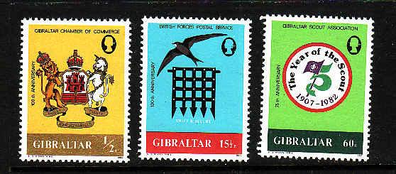Gibraltar-Sc#437-9-unused NH QEII set-Scouting Year-1982-